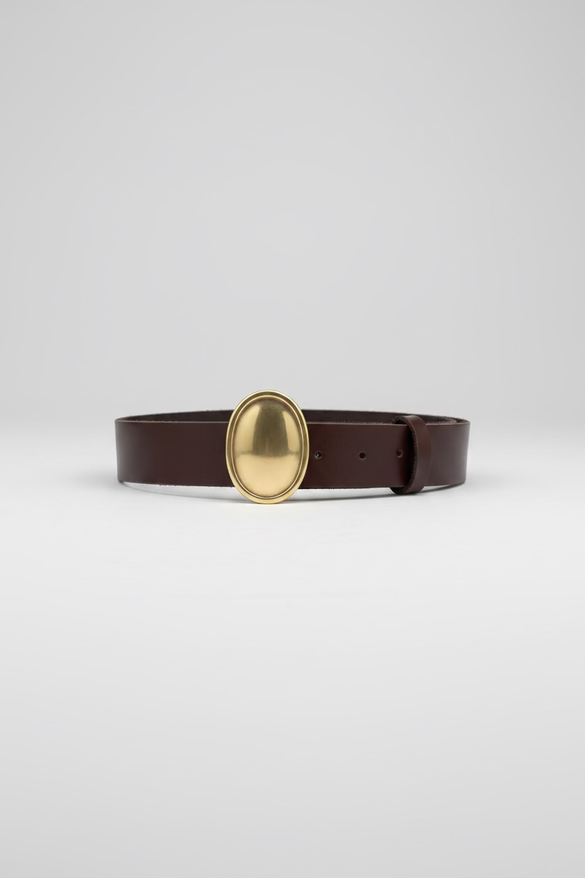 Cinturón Café Hebilla Oval L Bronce